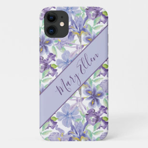 Capa Para iPhone 11 Íris Floral Monograma Roxo Amarelo Aquarela