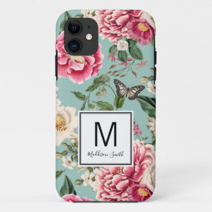 Capa Para iPhone 11 Jardim de Flor Azul e Rosa Adicionam Seu Nome