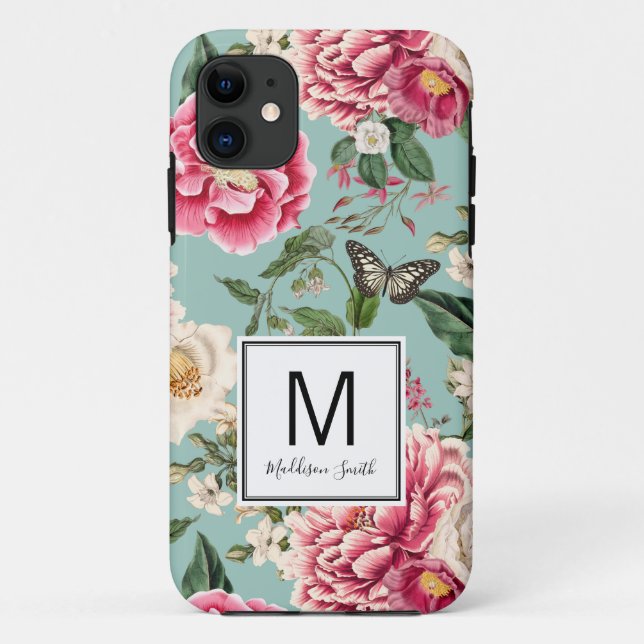 Capa Para iPhone 11 Jardim de Flor Azul e Rosa Adicionam Seu Nome (Verso)