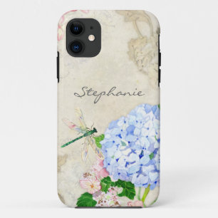 Capa Para iPhone 11 Jardim Inglês, Blue n Pink Hydrangeas Watercolor