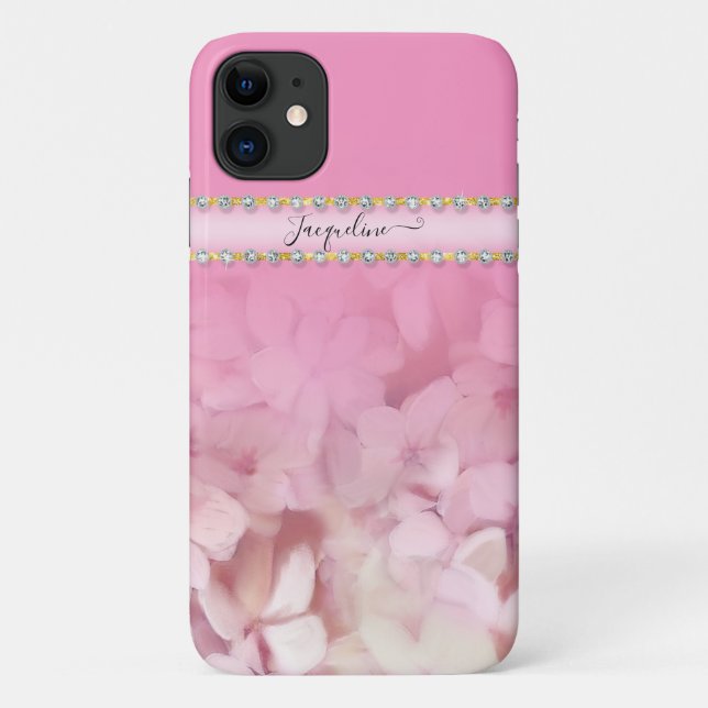 Capa Para iPhone 11 Joias Brilhantes Douradas, Rosa, Hydrangea (Verso)