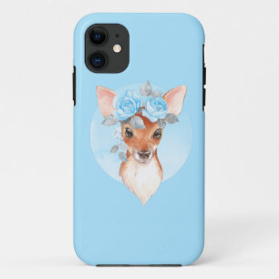 Capa Para iPhone 11 Jovem corça e rosas azuis