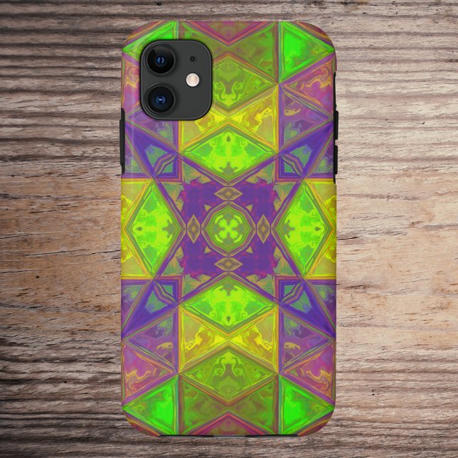 Capa Para iPhone 11 Kaleidoscópio Quadrado Verde Roxo e Amarelo (Criador carregado)