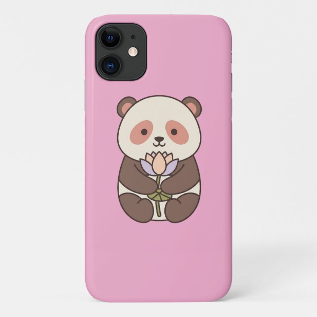 Capa Para iPhone 11 Kawaii Panda  — Cute Panda with Lotus on pink (Verso)