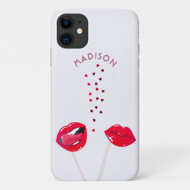 Capa Para iPhone 11 Lábios Vermelhos Girly Corações Nome Personalizado (Verso)