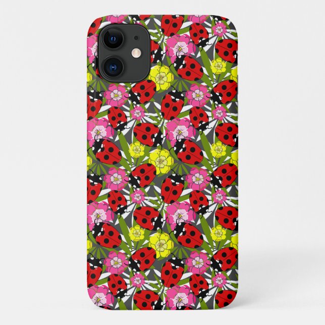 Capa Para iPhone 11 Ladybug e Flores, Impressão (Verso)