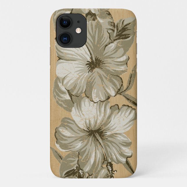 Capa Para iPhone 11 Lanai Hawaiian Hibiscus Faux Wood (Verso)