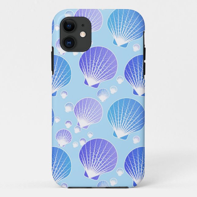 Capa Para iPhone 11 Lavandas e conchas azuis em azul pálido (Verso)