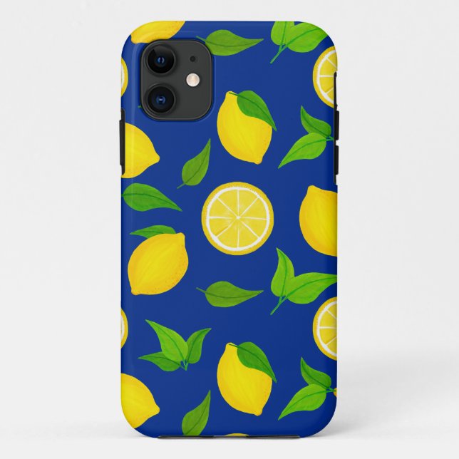Capa Para iPhone 11 Lemões Amarelos de Verão com padrão azul real (Verso)