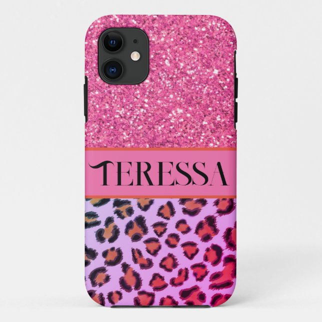 Capa Para iPhone 11 Leopard Chetah, cor-de-rosa, brilho brilhante (Verso)