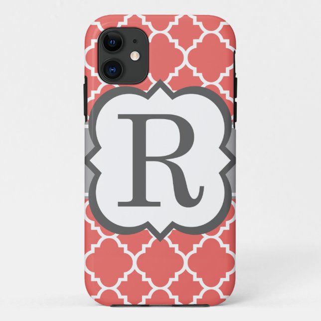 Capa Para iPhone 11 Letra branca coral R Quatrefoil do monograma (Verso)