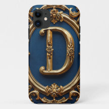 Letra D Dourada Elegante em Fundo Azul Ornamentado