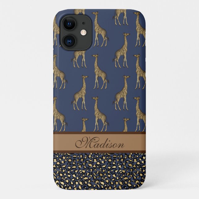 Capa Para iPhone 11 Letra Na moda Azul do Marinho Giraffe Dourada (Verso)