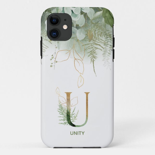 Capa Para iPhone 11 Letra U Elegante Fern & Succulent (Verso)