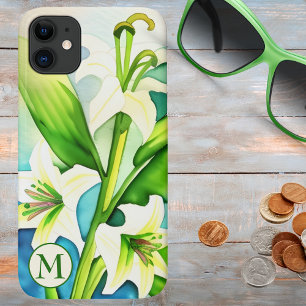 Capa Para iPhone 11 Lily Branca de Aquarela com Monograma