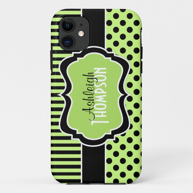 Capa Para iPhone 11 Limão personalizado, preto, bolinhas listradas (Verso)