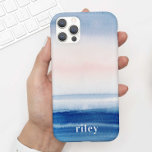 Capa Para iPhone 11 Linda Blue Ocean Beach Sky Watercolor   Nome<br><div class="desc">Esta capa de telefone encantadora apresenta um belo fundo azul e rosa claro de aquarela com seu nome. É o caso perfeito para quem quer uma design moderna, mas natural, que se destaque. Adicione seu nome para personalizar este design. Também faz um maravilhoso presente de aniversário ou feriado para um...</div>