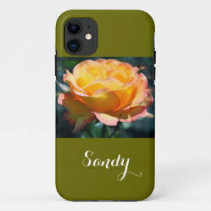 Capa Para iPhone 11 Linda e elegante flor de rosa amarela, com nome