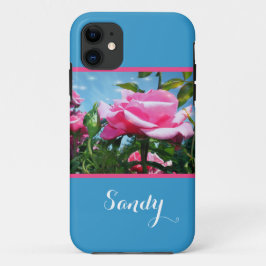 Capa Para iPhone 11 Linda, elegante flor rosa rosa, com nome