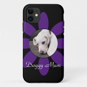 Capa Para iPhone 11 Linda flor roxa armada Cãozinho Cachorro Preto