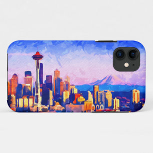 Capa Para iPhone 11 Linda Seattle Skyline Cores Sunset Aquarela
