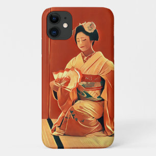 Capa Para iPhone 11 Linda Vintage Geisha Japonesa em Kimono Red