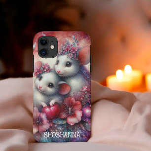 Capa Para iPhone 11 Lindos Ratos de Flores Vermelhas Rosadas em Aquare