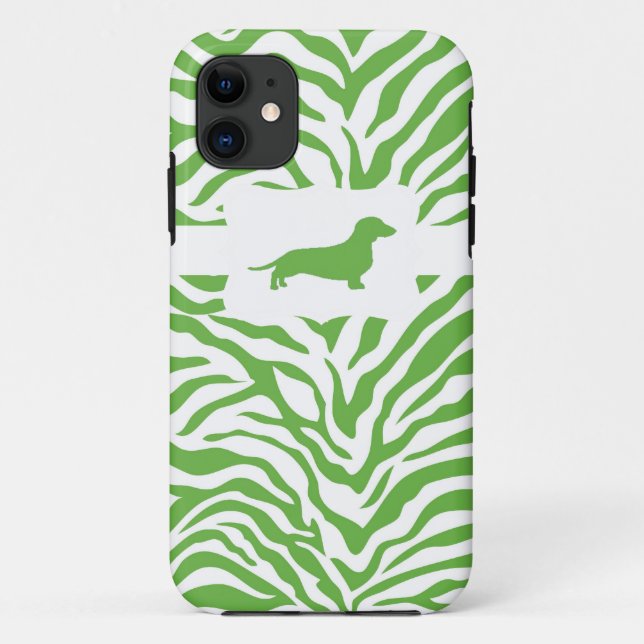 Capa Para iPhone 11 Listra verde w/Dachshund da zebra (Verso)