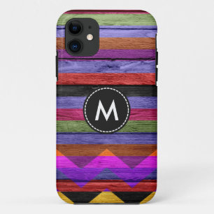 Capa Para iPhone 11 Listras coloridas de Chevron na madeira #12