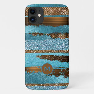 Capa Para iPhone 11 Listras de bronze e água-marinha com lâmina e bril