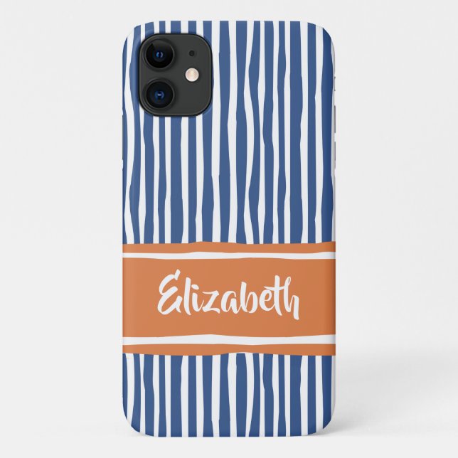 Capa Para iPhone 11 Listras Onduladas Painterly Laranja e Azul Com Nom (Verso)