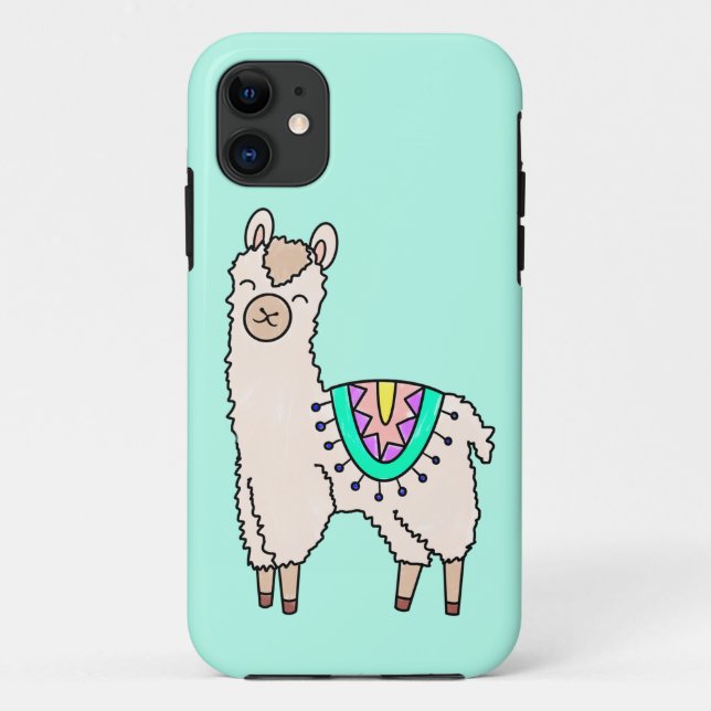 Capa Para iPhone 11 llama alpaca de desenho animado sorridente e feliz (Verso)