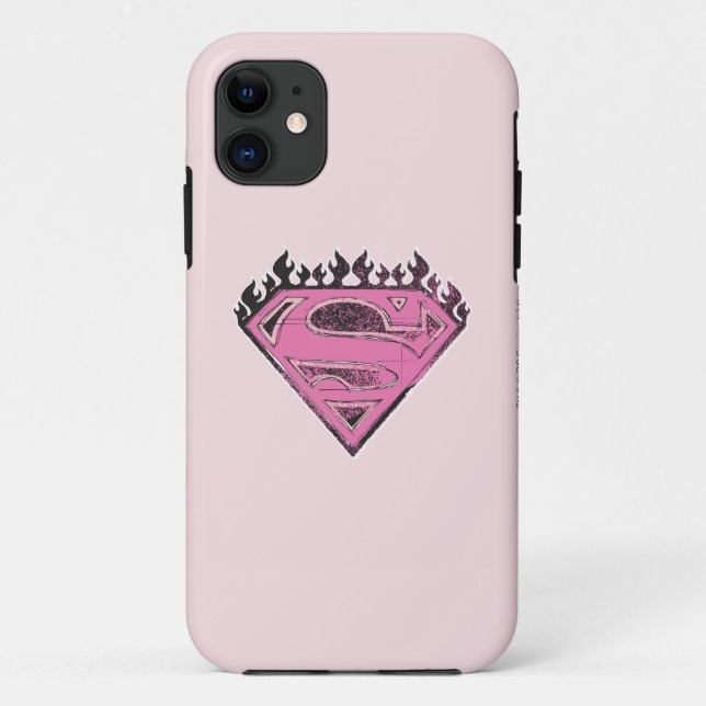 Capa Para iPhone 11 Logotipo rosa super-menina com chamas (Verso)