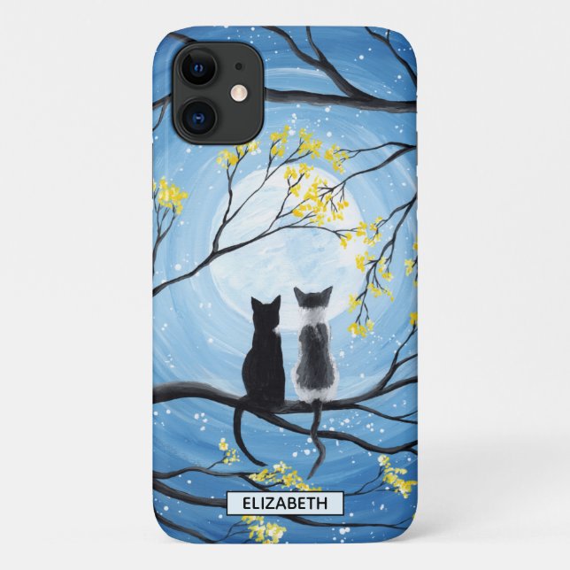 Capa Para iPhone 11 Lua branca com gatos | Adicionar nome (Verso)