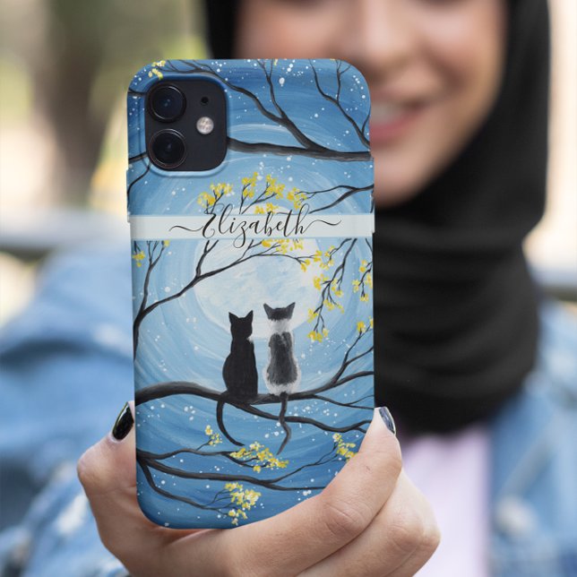 Capa Para iPhone 11 Lua Whimsical com Gatos Adicionar Nome (Criador carregado)
