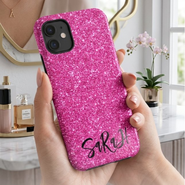 Capa Para iPhone 11 Luxo Chic Brilho Rosa Personalizado Nome (Criador carregado)