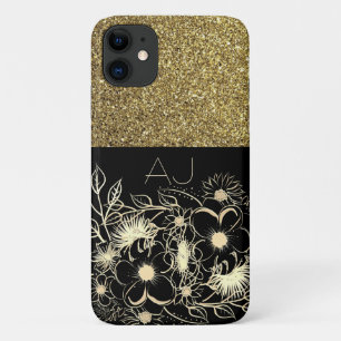 Capa Para iPhone 11 Luxo de Flores Negras Douradas e Largas
