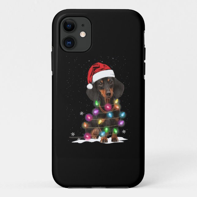 Capa Para iPhone 11 Luzes De Natal Dachshund Com Neve (Verso)