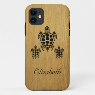 Capa Para iPhone 11 Madeira Faux Tartaruga Marinha Tribal Personalizad