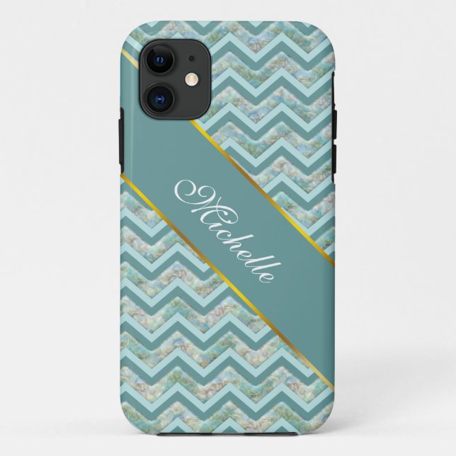 Capa Para iPhone 11 Mãe de Pérola Teal ZigZag (Verso)