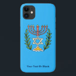 Capa Para iPhone 11 Magen Persa David Menorah<br><div class="desc">Esta imagem foi adaptada de um antigo azulejo judeu persa e apresenta uma menorah com um Magen David (Estrela de David) enquadrado por ramos de oliveira. As imperfeições da imagem original pintada à mão foram preservadas. Adicione seu próprio texto.</div>