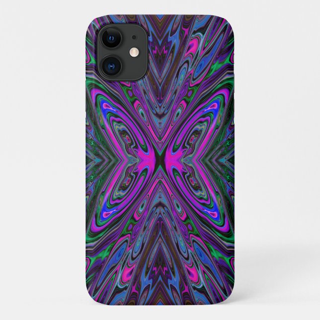Capa Para iPhone 11 Magenta Trippy, borboleta Abstrato azul e verde (Verso)
