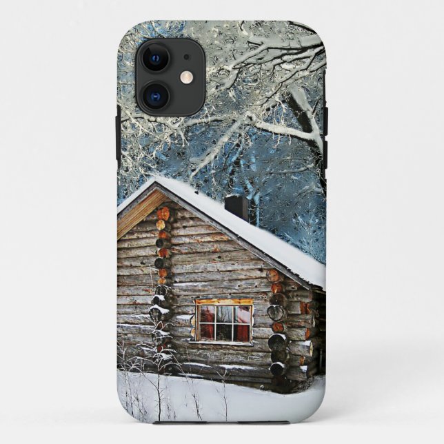 Capa Para iPhone 11 Magia de inverno da Cabine de Log Rústica (Verso)