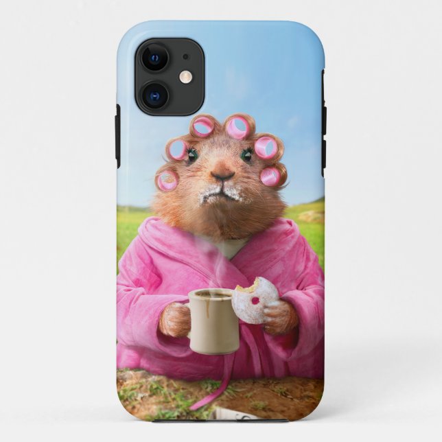 Capa Para iPhone 11 Manhã Groundhog com rosquinha e café do pequeno (Verso)