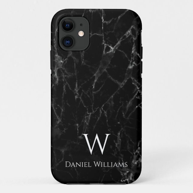 Capa Para iPhone 11 Marble Monograma Branco Nome Moderno Elegante (Verso)
