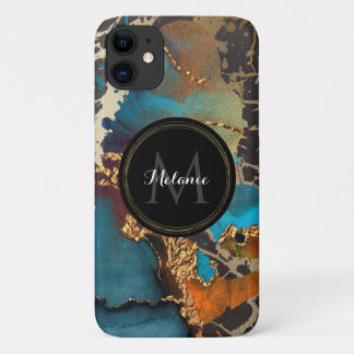 Capa Para iPhone 11 Marble Teal Dourado Black Watercolor Name Monogram