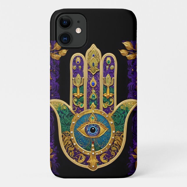 Capa Para iPhone 11 Mardi Gras Dourada Roxo Verde Arte Hamsas (Verso)