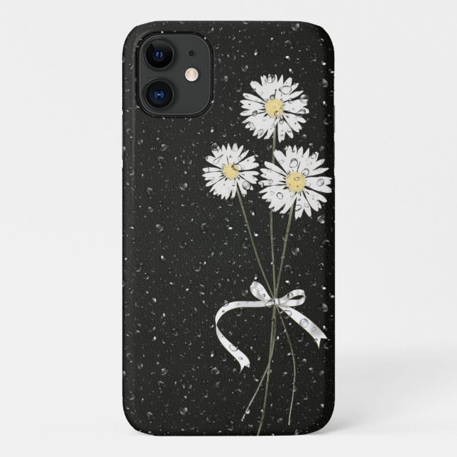 Capa Para iPhone 11 margarida branca com gotas de chuva em preto (Verso)