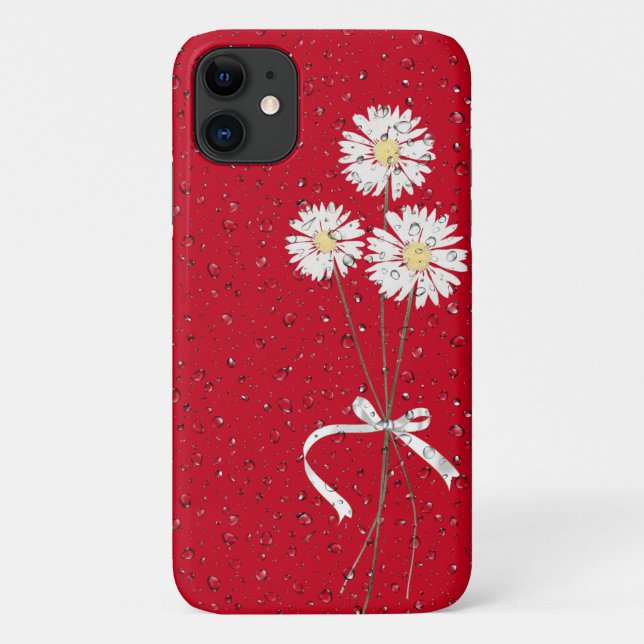 Capa Para iPhone 11 margarida branca com gotas de chuva em vermelho (Verso)