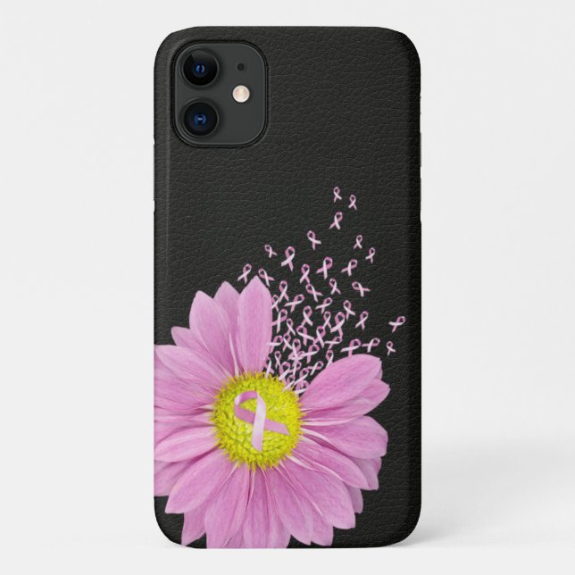 Capa Para iPhone 11 Margarida rosa de fita em couro preto (Verso)